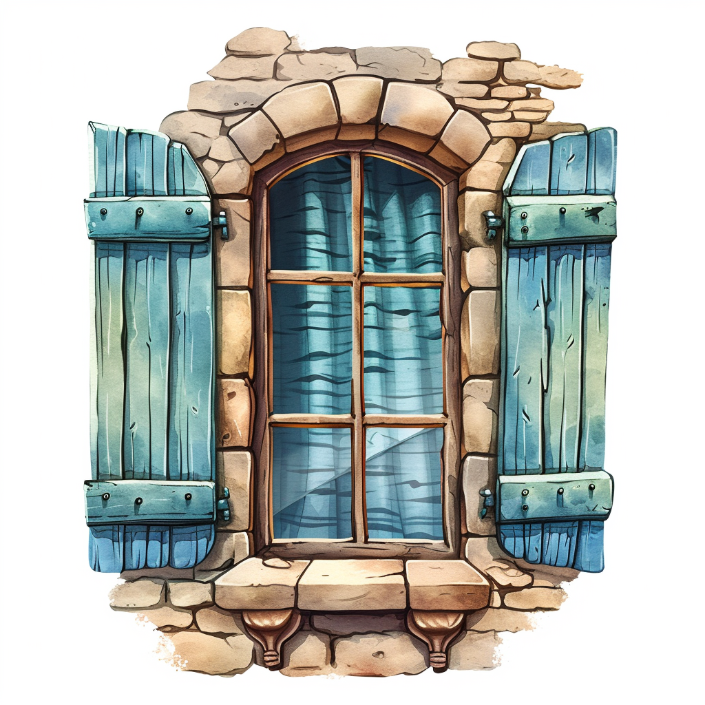 Stone Wall Window with Shutters Clipart with White Background