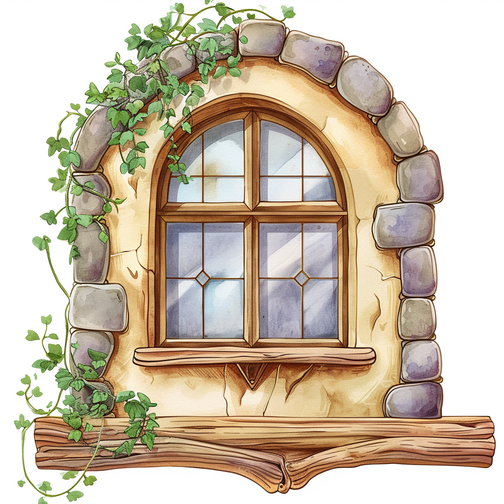 Stone Arch Window With Ivy Clipart with White Background