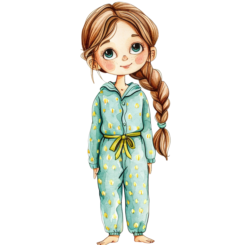 Colorful cartoon girl in pajamas clipart with Transparent Background