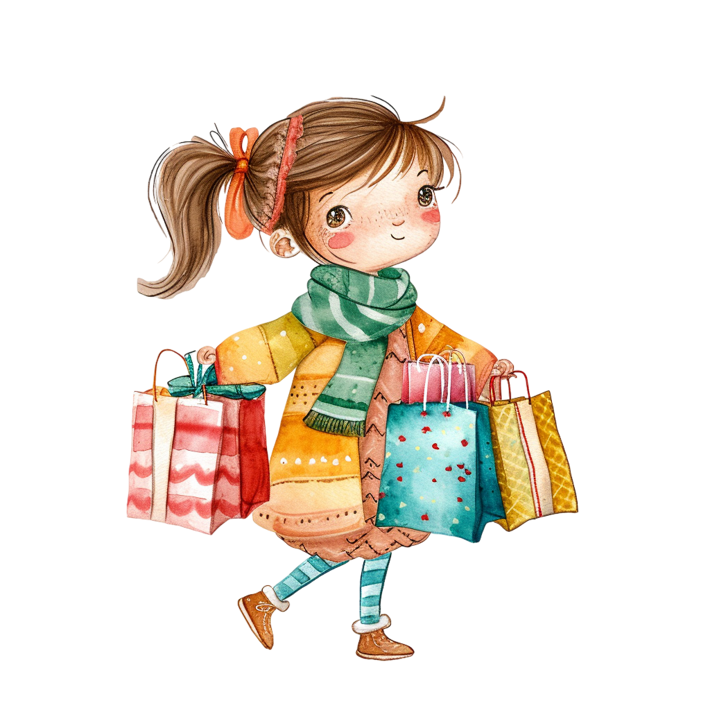Colorful little girl shopping bags clipart with Transparent Background