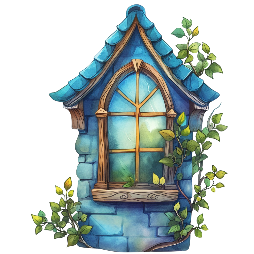 Colorful Blue Stone Window With Vines Clipart with Transparent Background