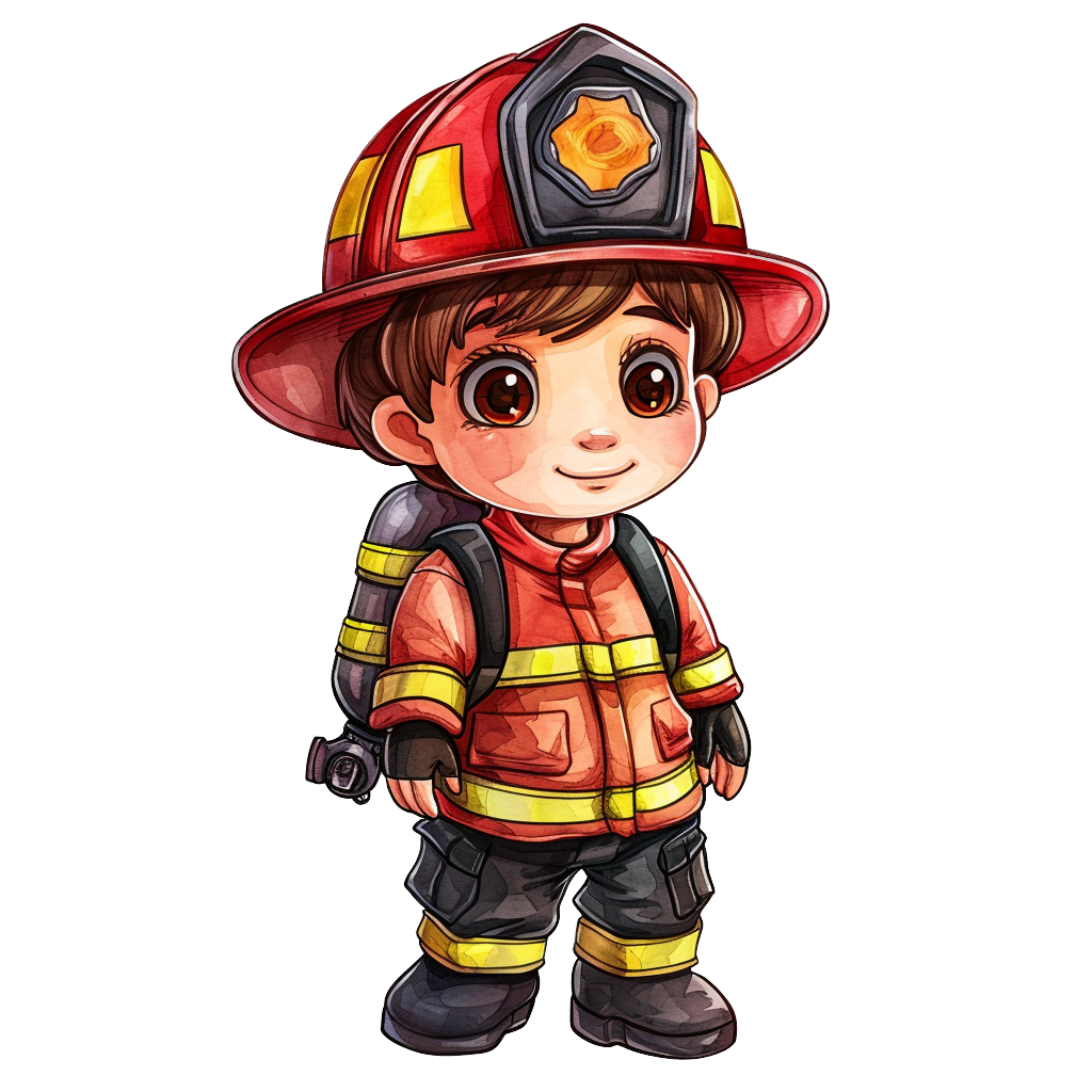 Colorful Cute Firefighter Cartoon Clipart with Transparent Background