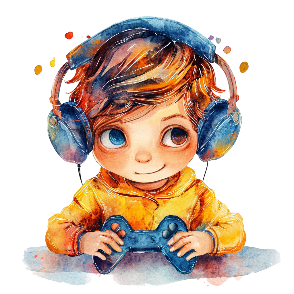 Colorful Watercolor Gamer Boy Clipart with Transparent Background