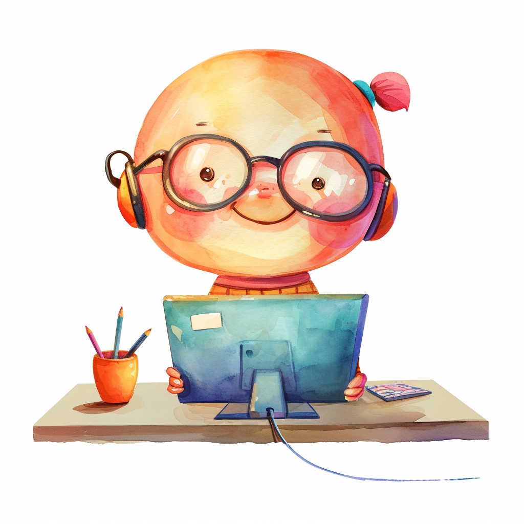 Cute Kid In Glasses Using Computer Clipart with White Background