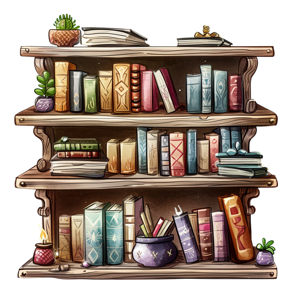 Colorful Wooden Bookshelf with Fantasy Books Clipart with Transparent Background