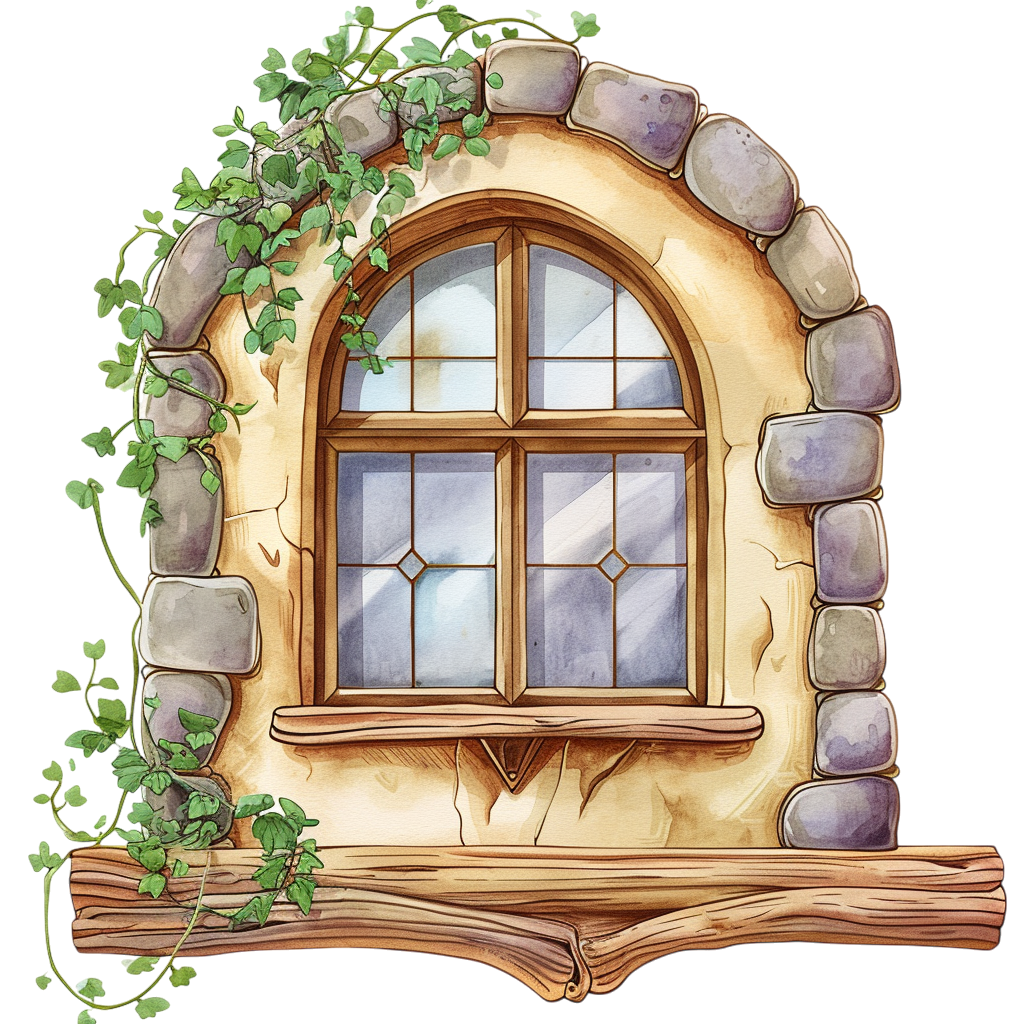 Colorful Stone Arch Window With Ivy Clipart with Transparent Background