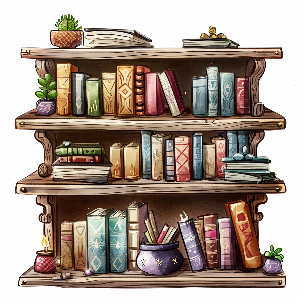 Wooden Bookshelf with Fantasy Books Clipart with White Background