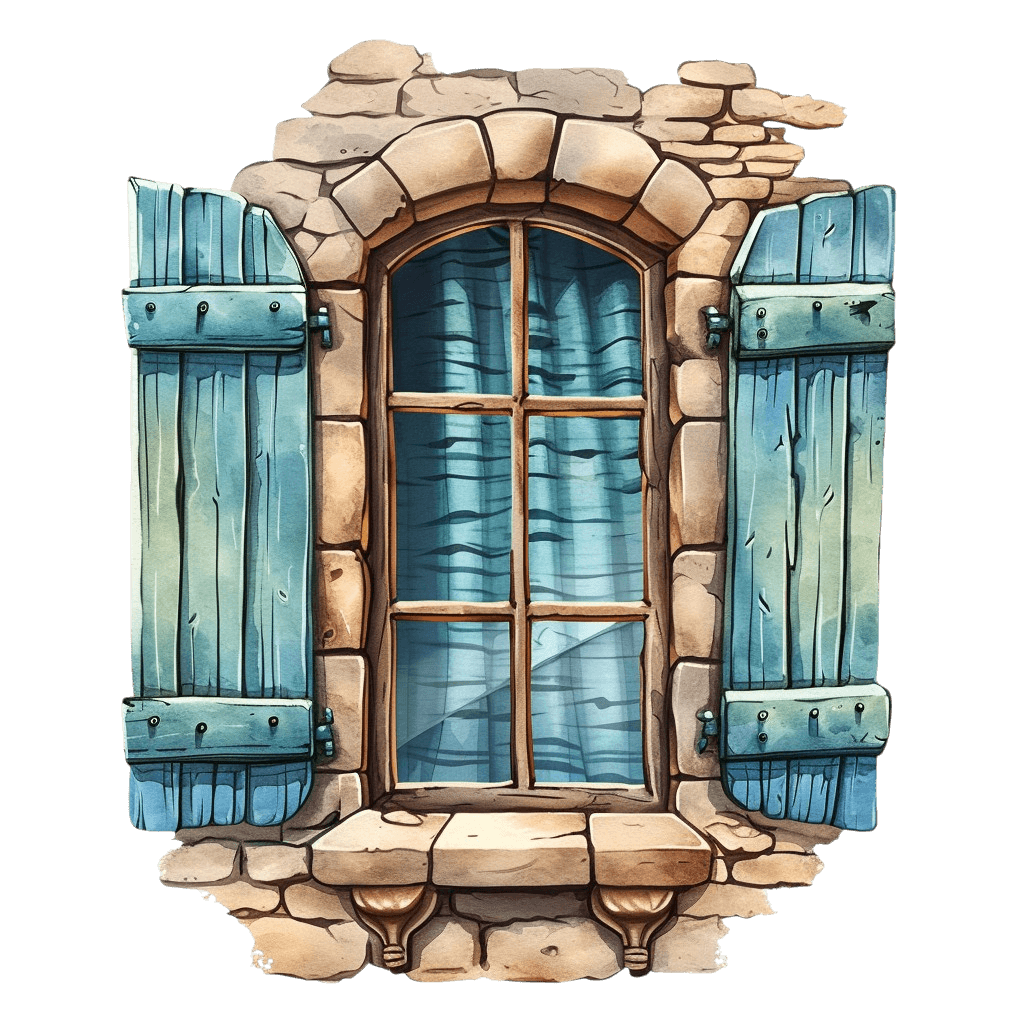 Colorful Stone Wall Window with Shutters Clipart with Transparent Background