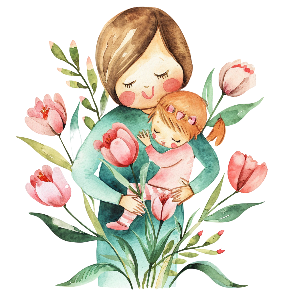 Colorful Mother Daughter Watercolor Clipart with Transparent Background