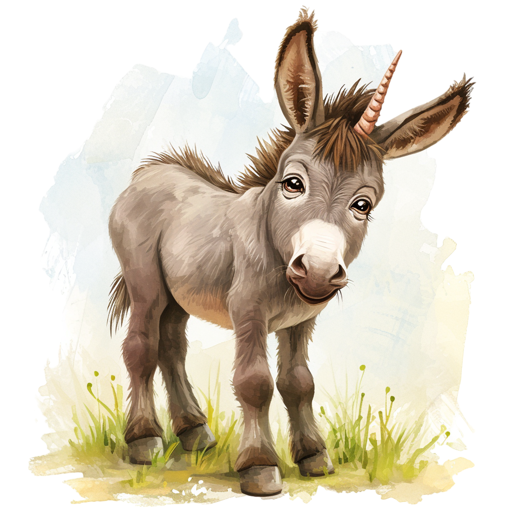 Colorful Cute Watercolor Donkey Clipart with Transparent Background