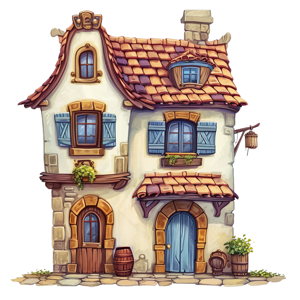 Colorful Small house with blue shutters with Transparent Background