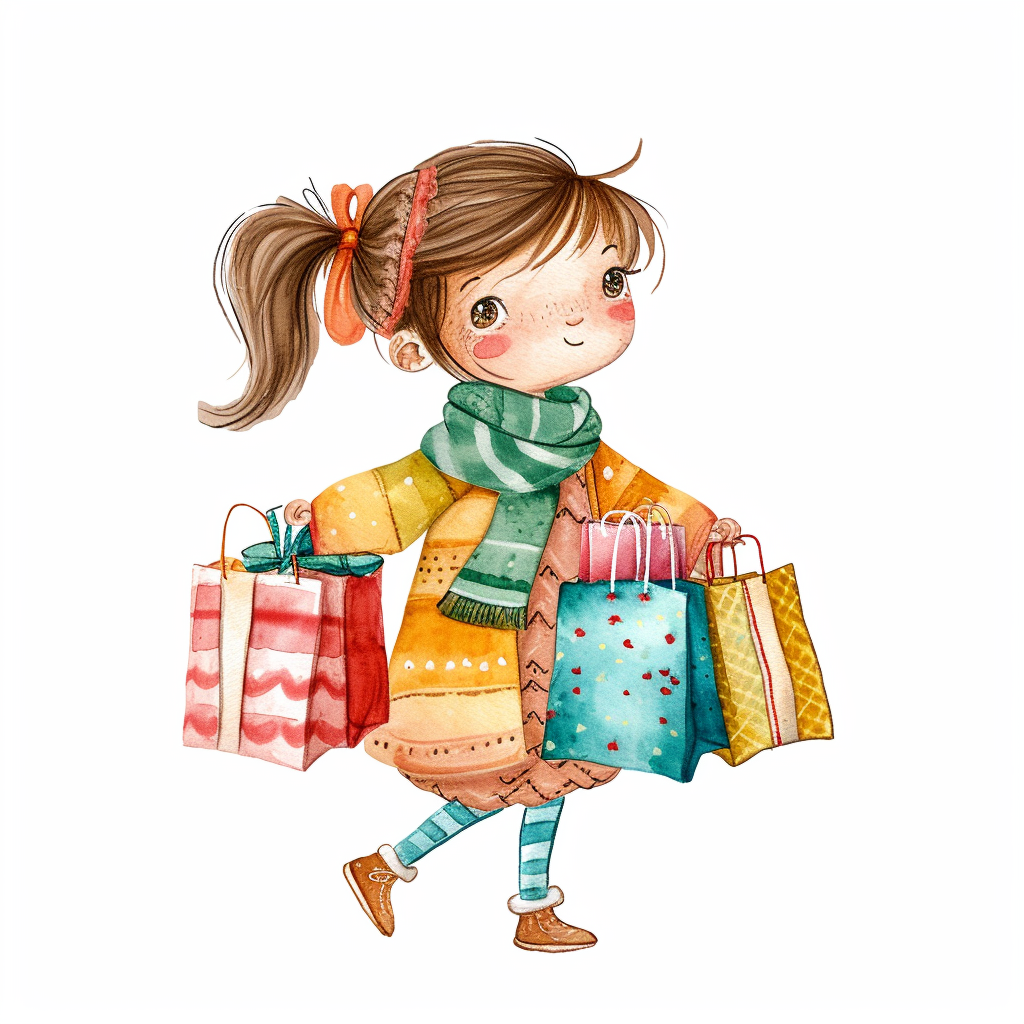 little girl shopping bags clipart with White Background